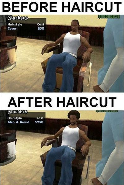 Grand Theft Auto Memes  - gta memes - Before Haircut Barbers Ddddd Hairstyle Cesar Cost $50 After Haircut Baruers Hairstyle Cost Afro & Beard $250