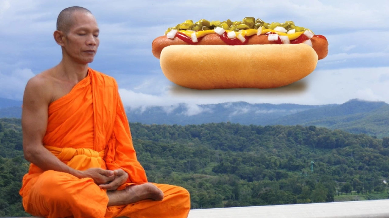 funny dad jokes - The Buddhist gets his hotdog and pays with a $10. He asks the vendor, "Where's my change?" The vendor replies