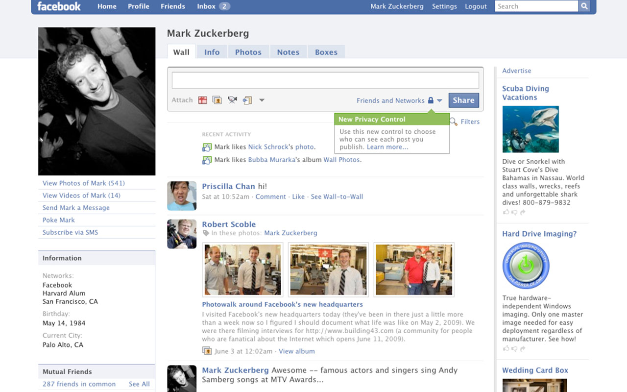 facebook 2009 - facebook Home Profile Friends inbox 2 Mark Zuckerberg Settings Logout Search a Mark Zuckerberg Wall Info Photos Notes Boxes Advertise Scuba Diving Vacations Attach 3 Friends and Networks A Filters New Privacy Control Recent Activity Use th