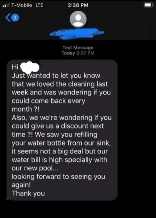 Trashy Posts and People - screenshot cleaning discount waterow that we loved the cleaning last week and was wondering if you could come back every month ?! Also, we we're wondering if you could give us a discount next