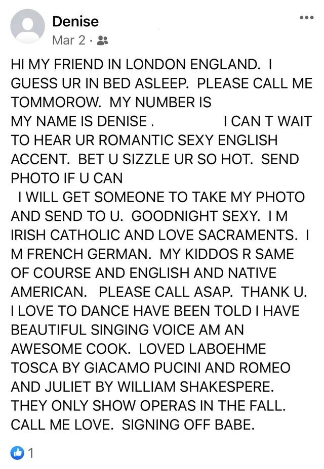 Hi My Friend In London England. I Guess Ur In Bed Asleep. Please Call Me Tommorow. My Number Is My Name Is Denise. I Can T Wait To Hear Ur Romantic Sexy English Accent. Bet U Sizzle Ur So Hot. Send Photo If U Can I Will Get Someone T