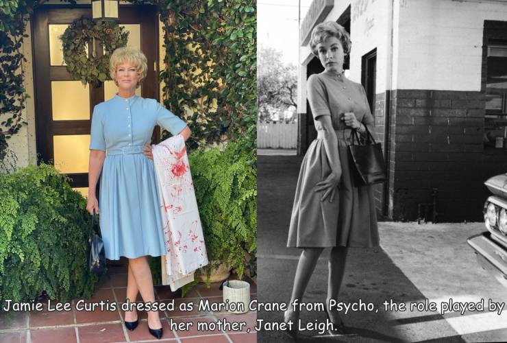 skirt - Jamie Lee Curtis dressed as Marion Crane from Psycho, the role played by her mother, Janet Leigh.