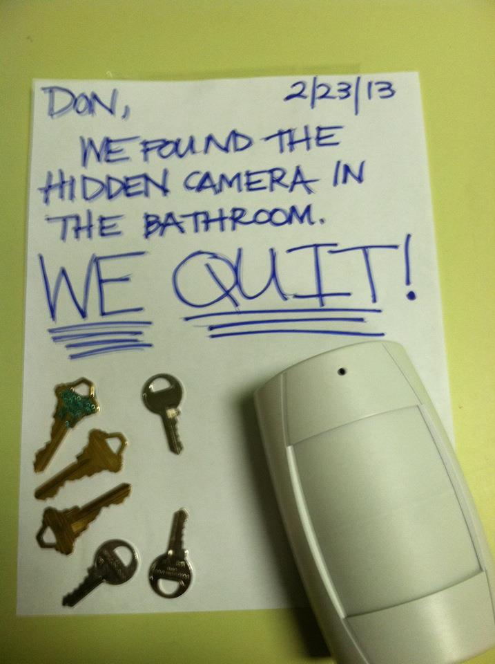 we found the hidden camera in the bathroom we quit - Don, 2123113 We Pound The Hidden Camera In The Bathroom. We Quit!