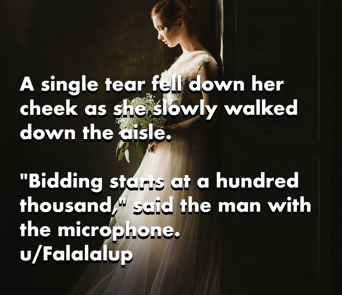 horror stories - best buy price match - A single tear fell down her cheek as she slowly walked down the aisle. "Bidding starts at a hundred thousand," said the man with the microphone. uFalalalup