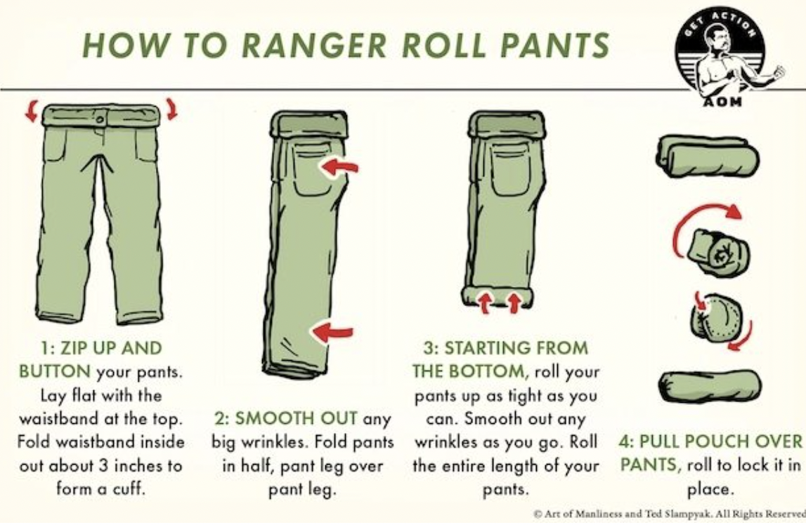 how to be a man - ranger roll pants - How To Ranger Roll Pants Aom log 1 Zip Up And 3 Starting From Button your pants. The Bottom, roll your Lay flat with the pants up as tight as you waistband at the top. 2 Smooth Out any can. Smooth out any Fold waistba