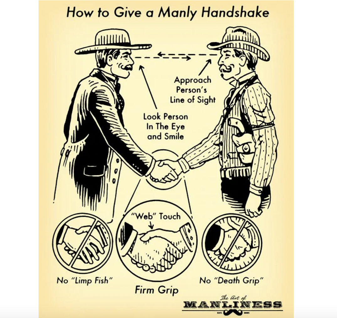 how to be a man - art of manliness - How to Give a Manly Handshake Approach Person's Line of Sight Look Person In The Eye and Smile "Web" Touch cam No "Limp Fish No "Death Grip" Firm Grip Manliness det