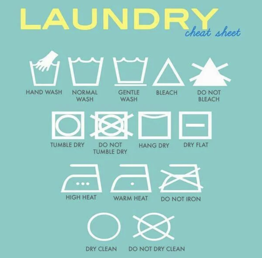 how to be a man - pile of clothes - cheat sheet Laundry Wax Hand Wash Normal Wash Gentle Wash Bleach Do Not Bleach Osne Tumble Dry Do Not Tumble Dry Hang Dry Dry Flat High Heat Warm Heat Do Not Iron O Dry Clean Do Not Dry Clean