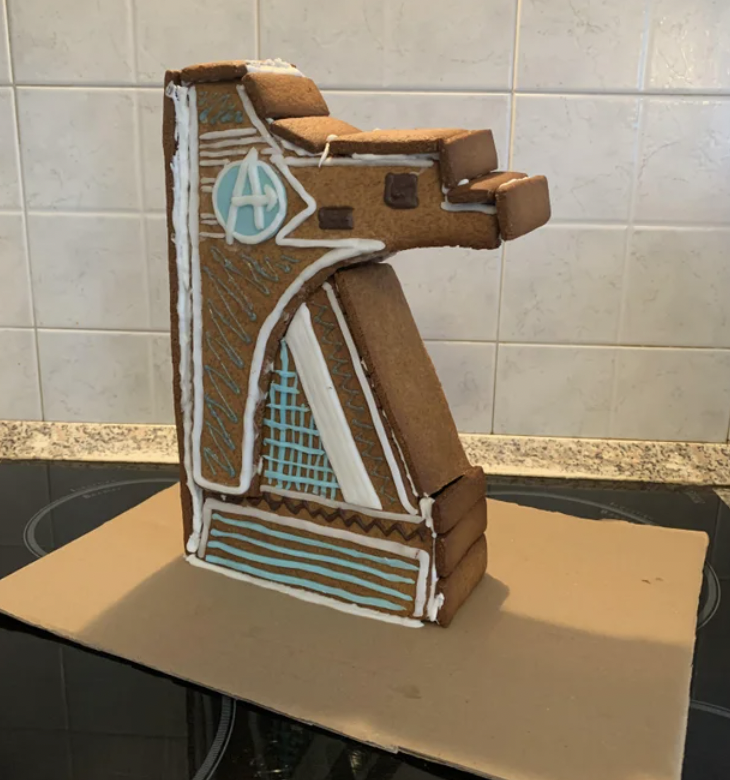 Avengers HQ tower made out of gingerbread cookies.