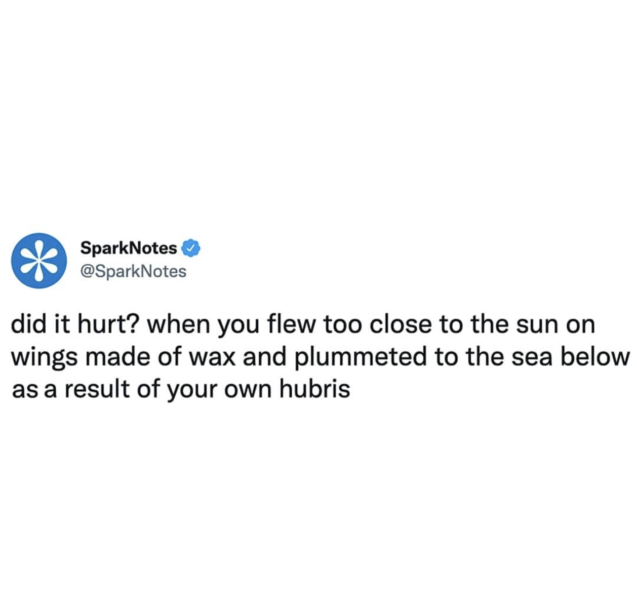 SparkNotes memes - organization - SparkNotes did it hurt? when you flew too close to the sun on wings made of wax and plummeted to the sea below as a result of your own hubris