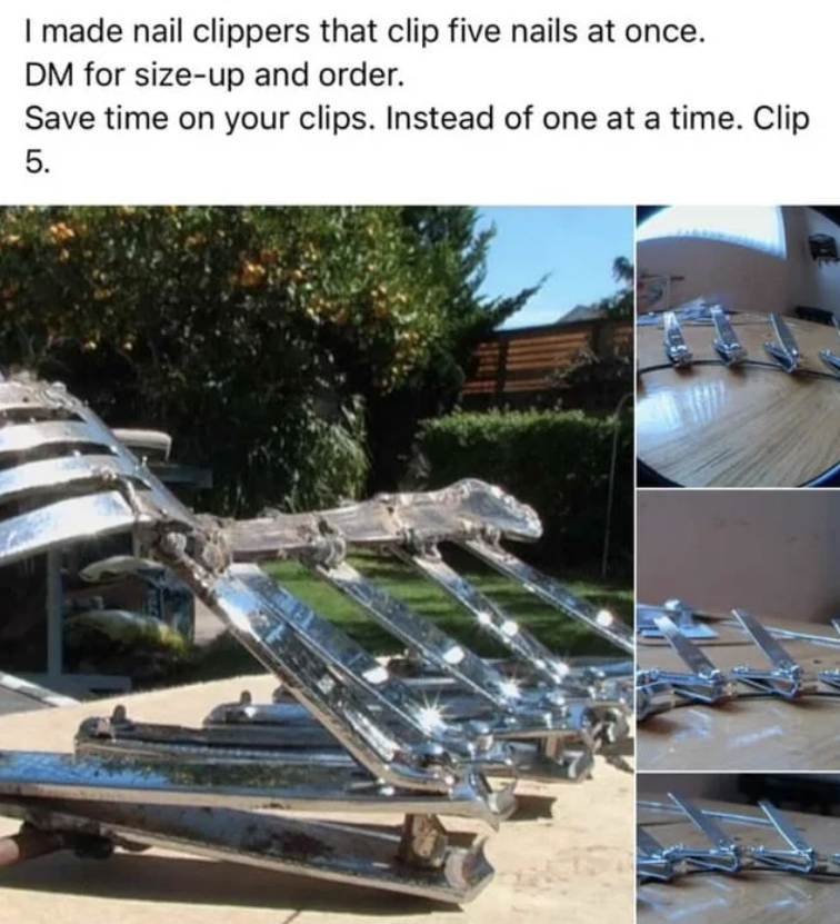 awful diy - vehicle - I made nail clippers that clip five nails at once. Dm for sizeup and order. Save time on your clips. Instead of one at a time. Clip 5.