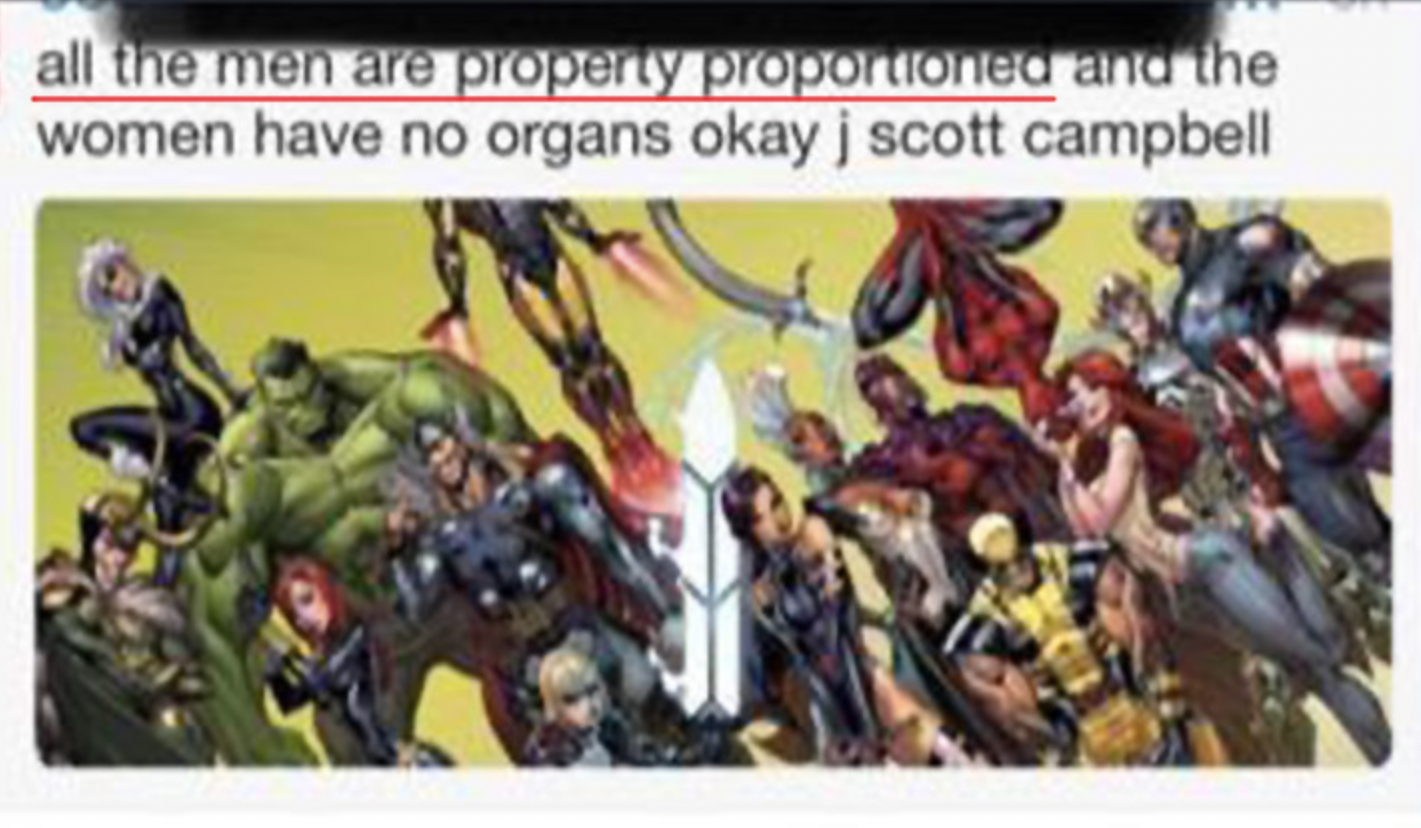 females writing males - incoming marvel comics - all the men are property proportioned and the women have no organs okay j scott campbell