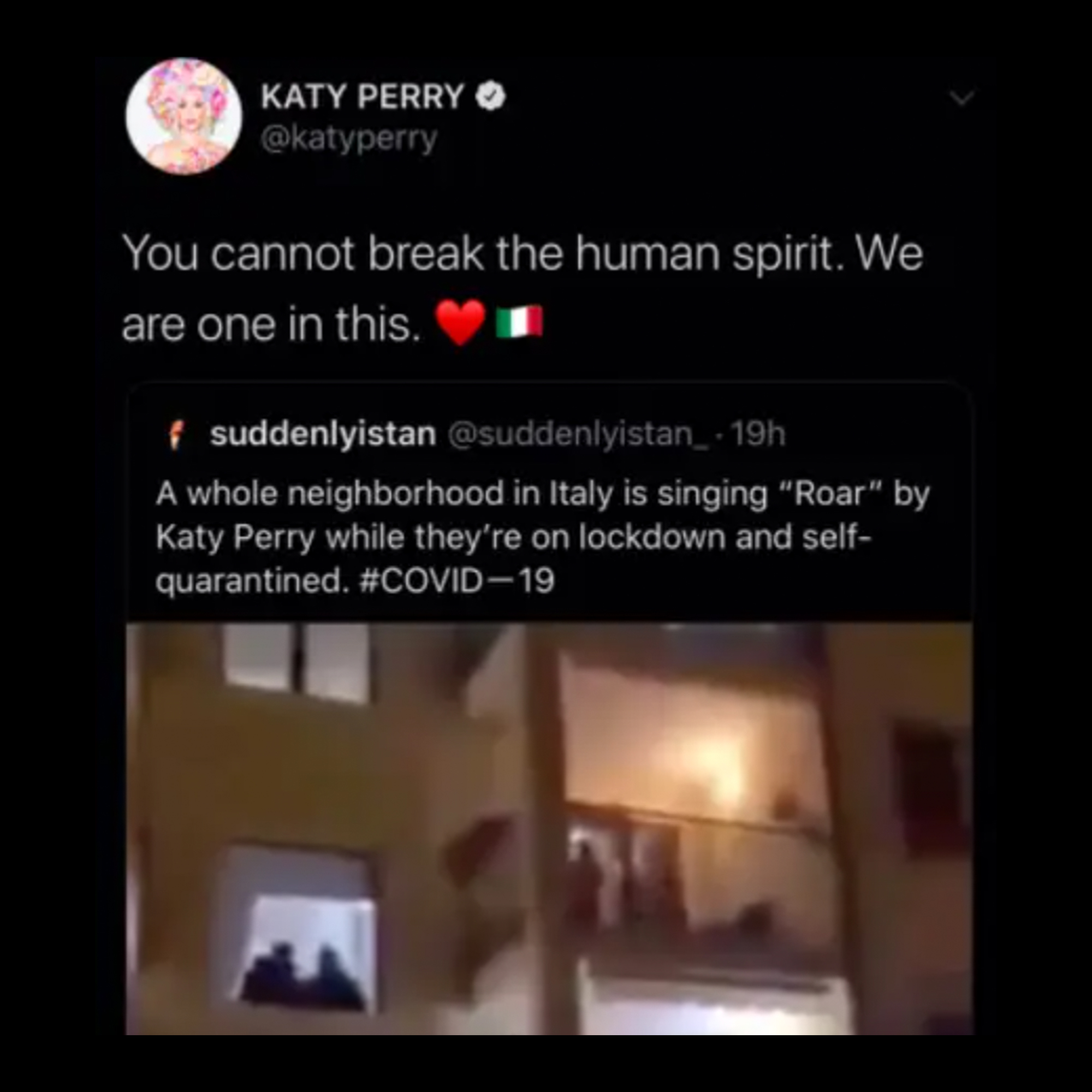 Cringe Celeb Pandemic Content - celebrities complaining about quarantine - Katy Perry You cannot break the human spirit. We are one in this. suddenlyistan 19h A whole neighborhood in Italy is singing "Roar" by Katy Perry while they're on lockdown and self