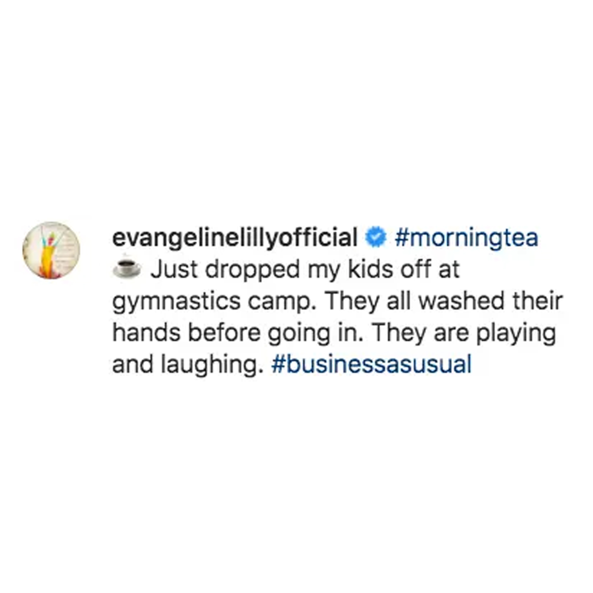 Cringe Celeb Pandemic Content - evangelinelillyofficial Just dropped my kids off at gymnastics camp. They all washed their hands before going in. They are playing and laughing.