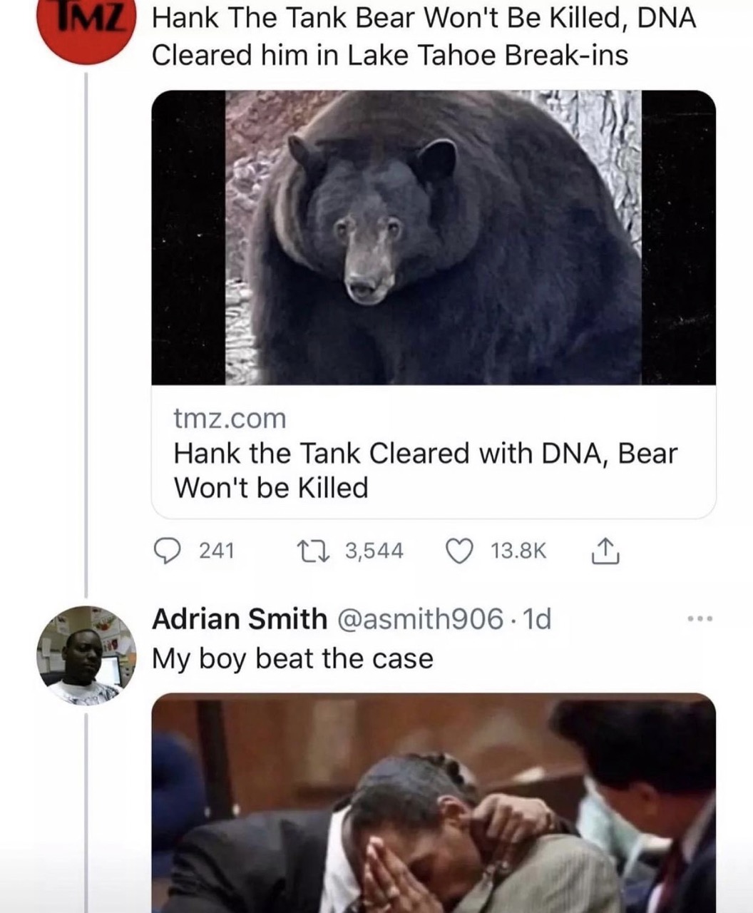 dudes post wins - beat the allegations meme - Imz Hank The Tank Bear Won't Be Killed, Dna Cleared him in Lake Tahoe Breakins tmz.com Hank the Tank Cleared with Dna, Bear Won't be killed 241 27 3,544 1 Adrian Smith My boy beat the case