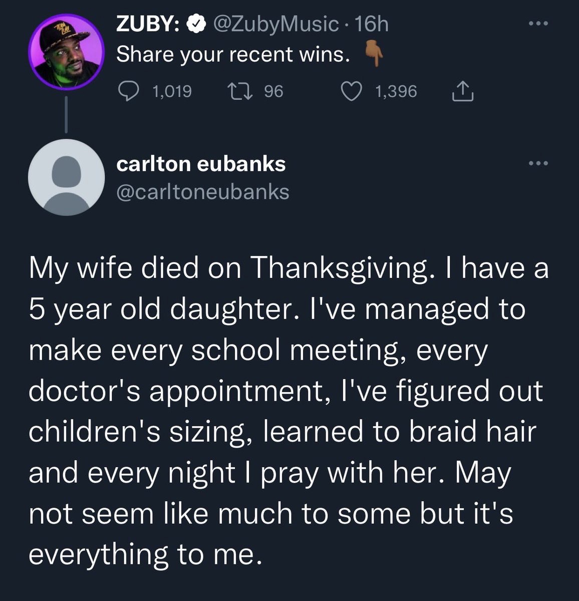 dudes post wins - bad is good for you - . Zuby 16h your recent wins. 1,019 12 96 1,396 @ carlton eubanks My wife died on Thanksgiving. I have a 5 year old daughter. I've managed to make every school meeting, every doctor's appointment, I've figured out ch