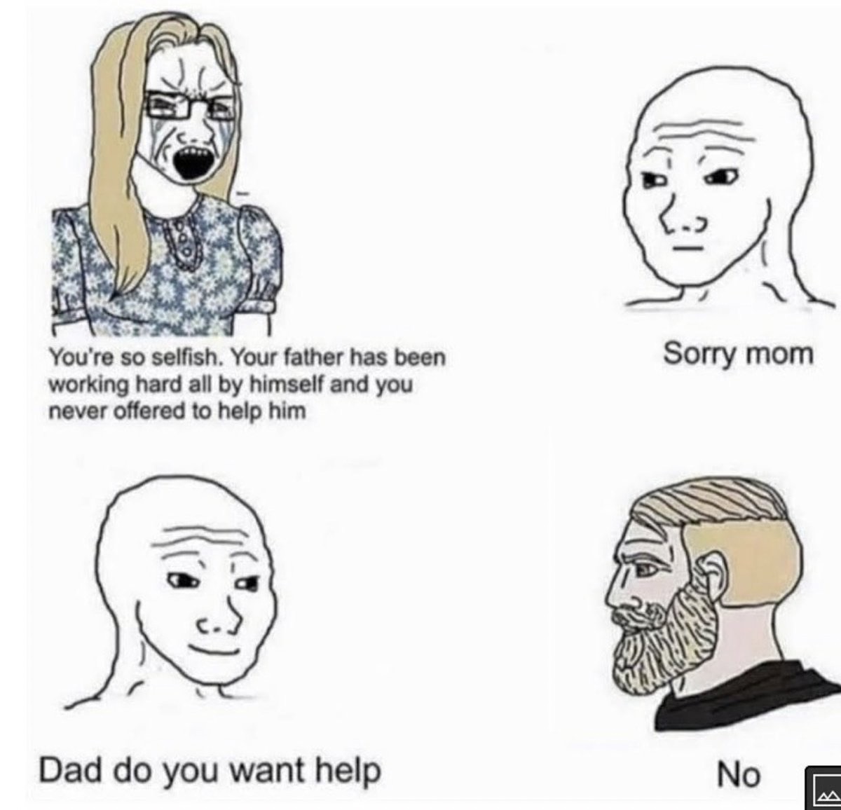 dudes post wins - wojack memes - Sorry mom You're so selfish. Your father has been working hard all by himself and you never offered to help him Dad do you want help No