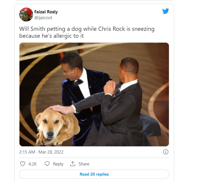 Will Smith Slap memes - pat dog on head - Faizal Rosly Will Smith petting a dog while Chris Rock is sneezing because he's allergic to it 1 Read 20 replies