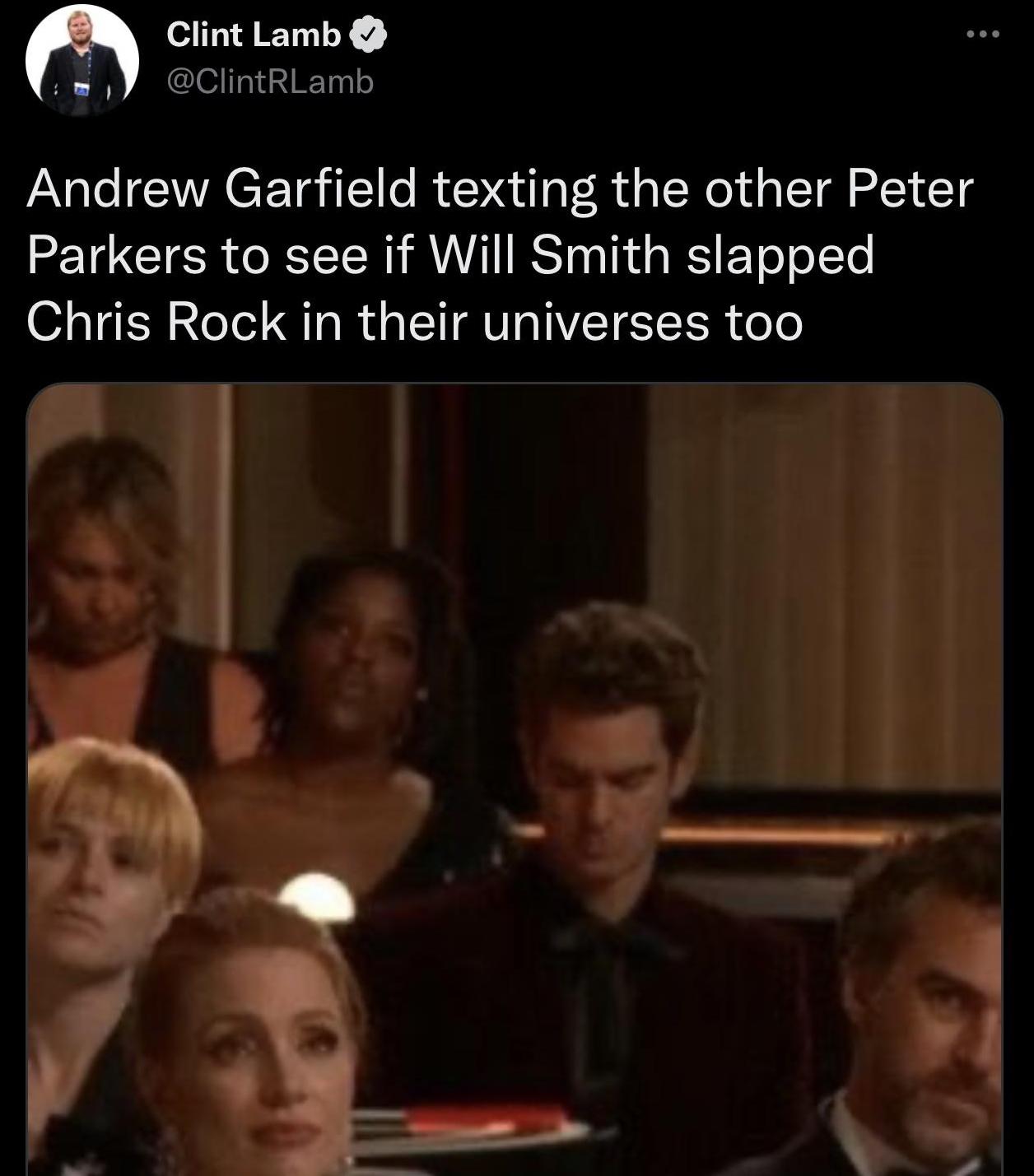 Will Smith Slap memes - photo caption - Clint Lamb Andrew Garfield texting the other Peter Parkers to see if Will Smith slapped Chris Rock in their universes too