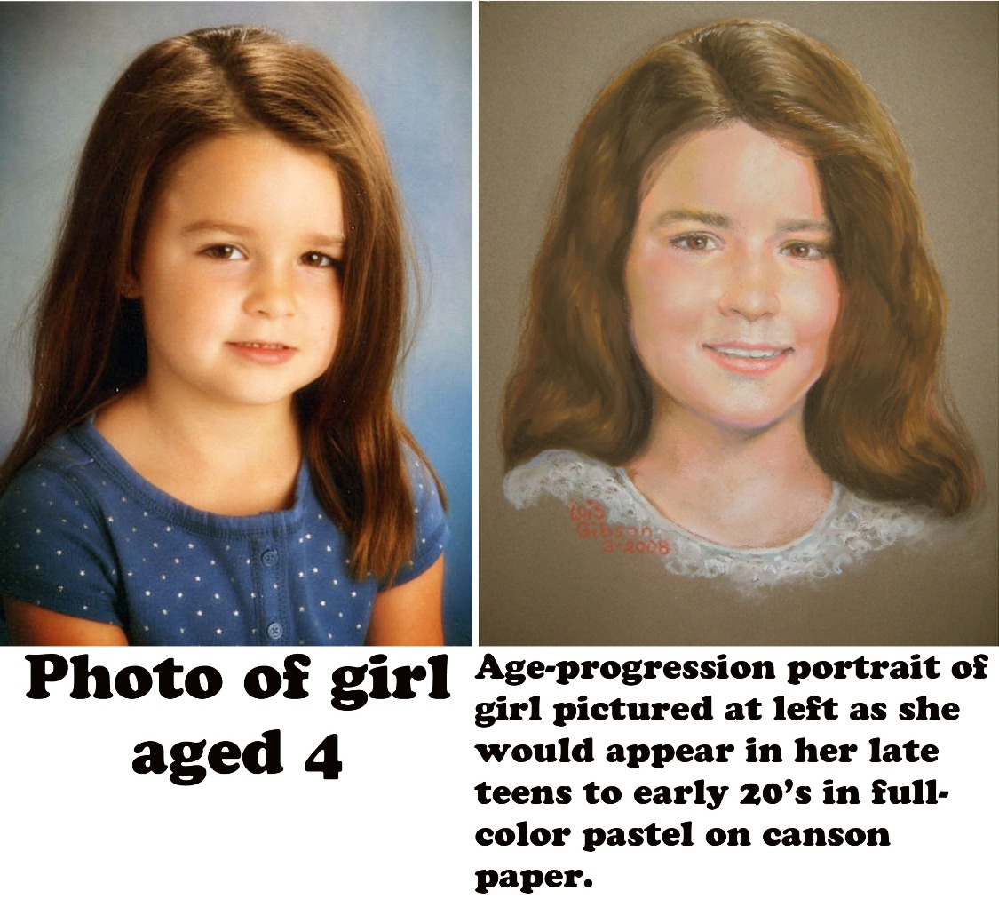 Lois Gibson Forensic Sketches smile - Photo of girl Ageprogression portrait of aged 4 girl pictured at left as she would appear in her late teens to early 20's in full color pastel on canson paper.