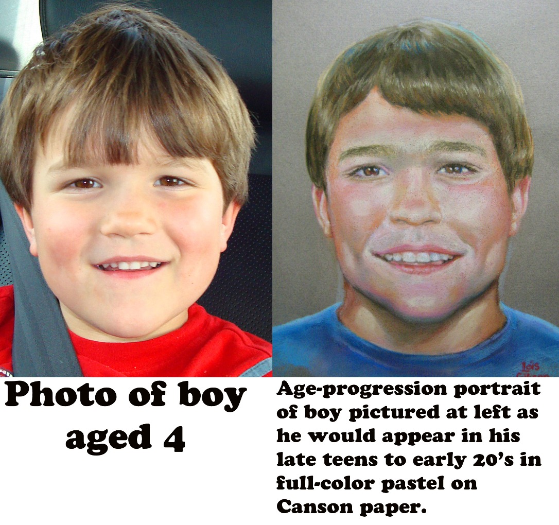 Lois Gibson Forensic Sketches bbq clip art - Photo of boy Ageprogression portrait of boy pictured at left as aged 4 he would appear in his late teens to early 20's in fullcolor pastel on Canson paper.