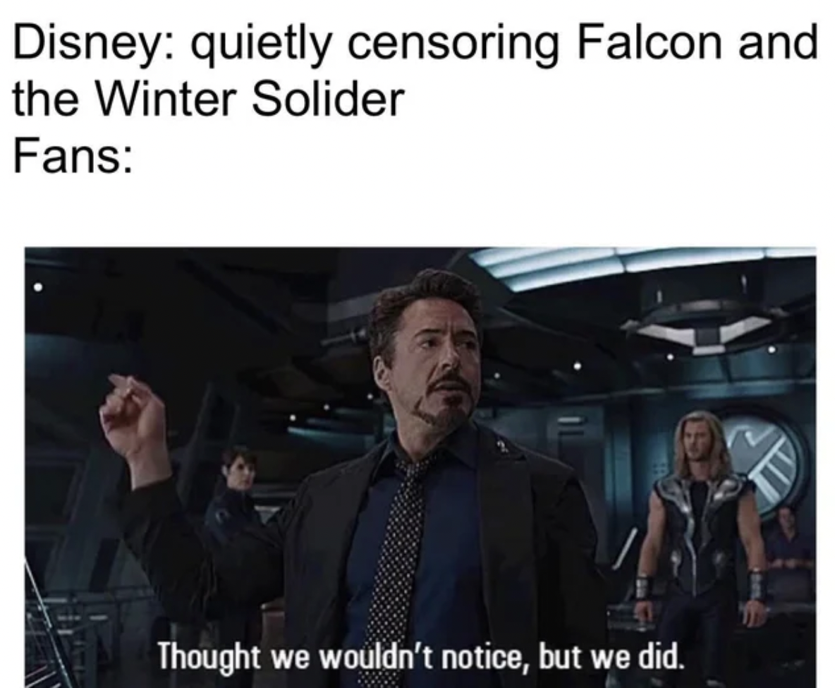 marvel memes - thought we wouldn t notice but we did - Disney quietly censoring Falcon and the Winter Solider Fans Thought We wouldn't notice, but we did.