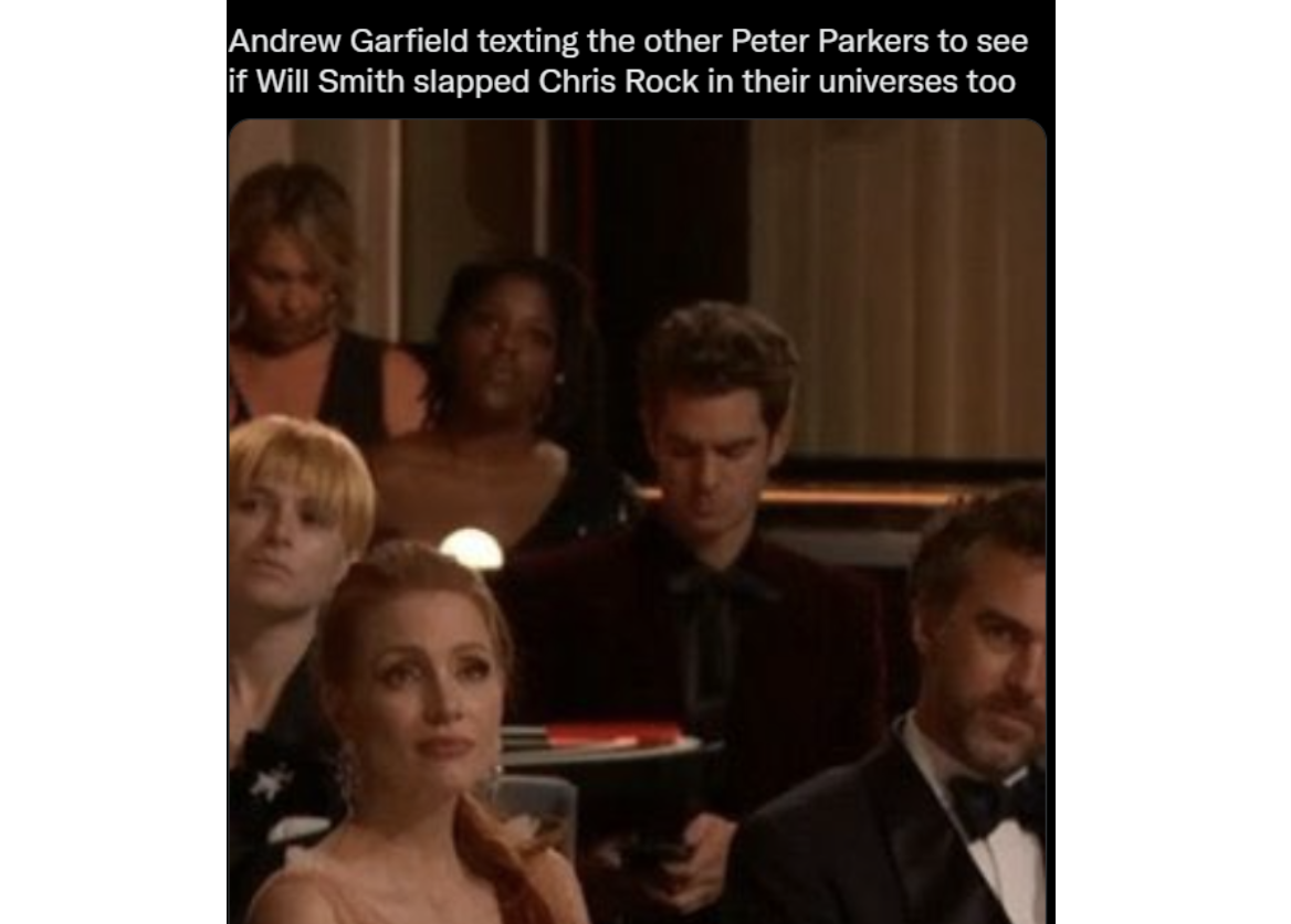 marvel memes - Andrew Garfield - Andrew Garfield texting the other Peter Parkers to see if Will Smith slapped Chris Rock in their universes too