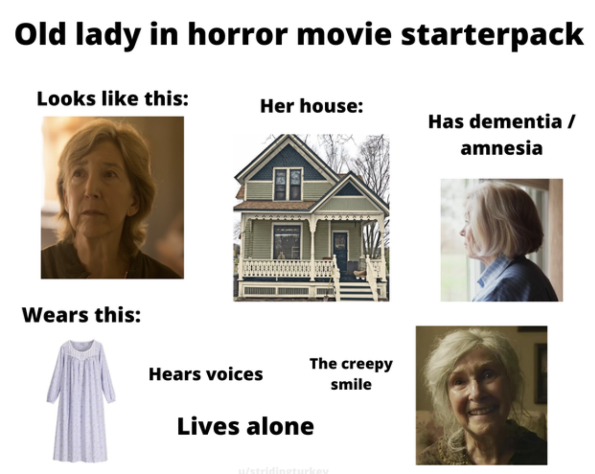 Starter Packs - angle - Old lady in horror movie starterpack Looks this Her house Has dementia amnesia Wears this The creepy Hears voices smile Lives alone