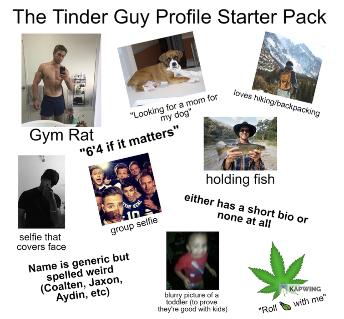 Starter Packs - The Tinder Guy Profile Starter Pack loves hikingbackpacking Gym Rat "Looking for a mom for my dog" "6'4 if it matters" holding fish either has a short bio or none at all group selfie selfie that covers face Name is generic but spelled weir