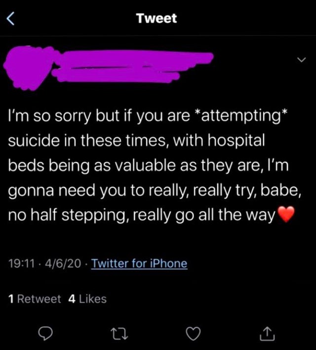 screenshot - Tweet I'm so sorry but if you are attempting suicide in these times, with hospital beds being as valuable as they are, I'm gonna need you to really, really try, babe, no half stepping, really go all the way . 4620 Twitter for iPhone 1 Retweet