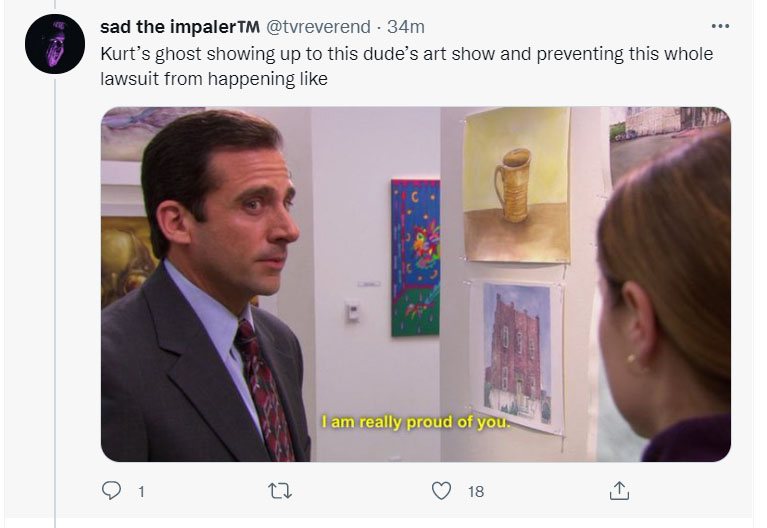 office season 1 memes - sad the impaler Tm 34m Kurt's ghost showing up to this dude's art show and preventing this whole lawsuit from happening I am really proud of you. 27 18