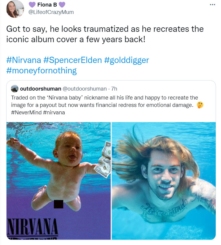 water - ... Fiona B Got to say, he looks traumatized as he recreates the iconic album cover a few years back! outdoorshuman 7h Traded on the 'Nirvana baby' nickname all his life and happy to recreate the image for a payout but now wants financial redress 