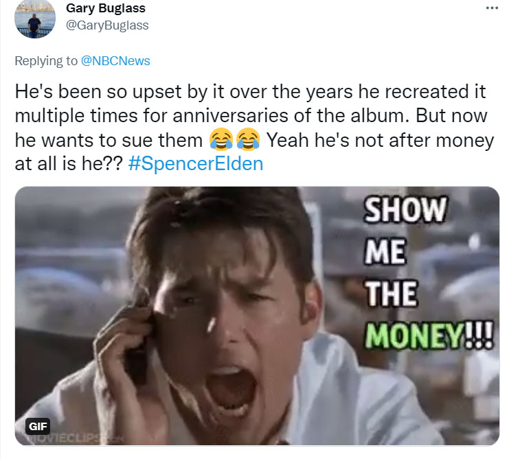 photo caption - .. Gary Buglass He's been so upset by it over the years he recreated it multiple times for anniversaries of the album. But now he wants to sue them a Yeah he's not after money at all is he?? Show Me The Money!!! Gif Sovieclip