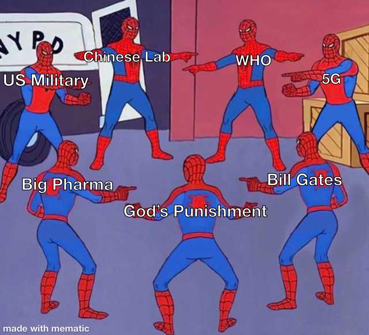 conspiracy theory memes - 7 spiderman pointing meme template - Hypo Chinese Lab Who Us Military 5G Big Pharma Bill Gates God's Punishment made with mematic