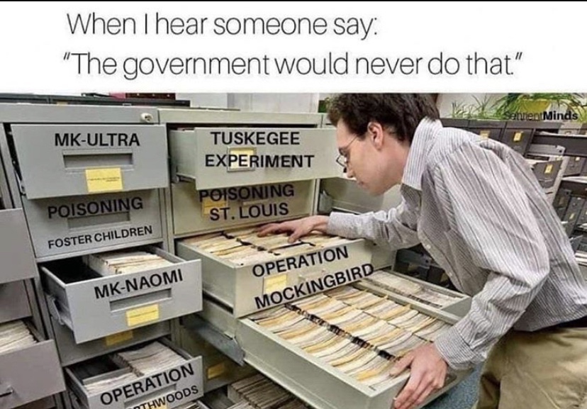 conspiracy theory memes - hear someone say the government would never do that meme - When I hear someone say "The government would never do that" Senient Minds MkUltra Tuskegee Experiment Poisoning Poisoning St. Louis Foster Children Operation MkNaomi Moc