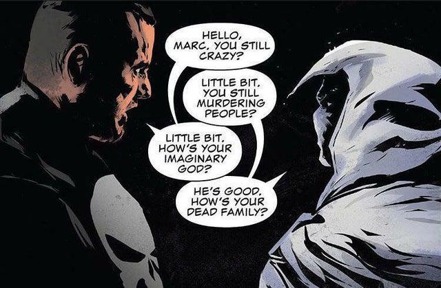 out of context comics - fake moon knight panels - Hello, Marc. You Still Crazy? Little Bit. You Still Murdering People? Little Bit. How'S Your Imaginary God? He'S Good. How'S Your Dead Family?