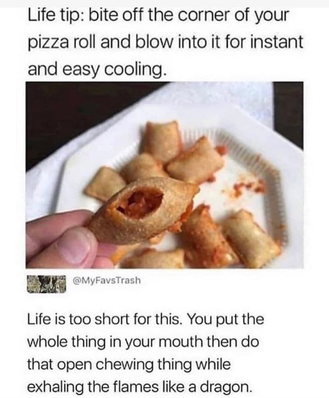 dank memes - funny memes - pizza rolls memes - Life tip bite off the corner of your pizza roll and blow into it for instant and easy cooling. Life is too short for this. You put the whole thing in your mouth then do that open chewing thing while exhaling 
