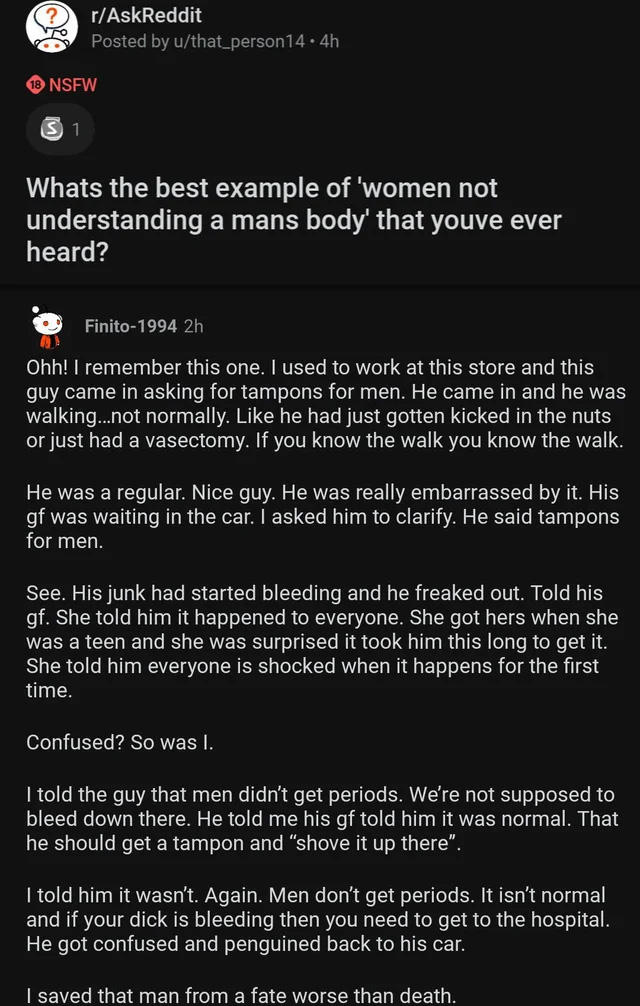 cursed comments - screenshot - rAskReddit Posted by uthat_person14.4h 18 Nsfw 1 Whats the best example of 'women not understanding a mans body' that youve ever heard? Finito1994 2h Ohh! I remember this one. I used to work at this store and this guy came i