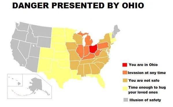 unluckiest people - danger of ohio - Danger Presented By Ohio You are in Ohio Invasion at any time You are not safe Time enough to hug your loved ones Illusion of safety