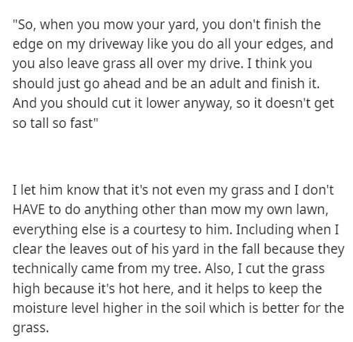 Neighbor Unhappy with Free Lawn Care, Gets a Life Lesson About Entitlement