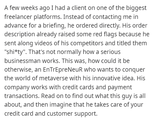 petty revenge - document - A few weeks ago I had a client on one of the biggest freelancer platforms. Instead of contacting me in advance for a briefing, he ordered directly. His order description already raised some red flags because he sent along videos