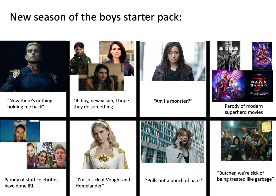 the boys season 3 memes - presentation - New season of the boys starter pack At "Now there's nothing holding me back" Parody of stuff celebrities have done Irl Oh boy, new villain, I hope they do something "I'm so sick of Vought and Homelander" "Am I a mo