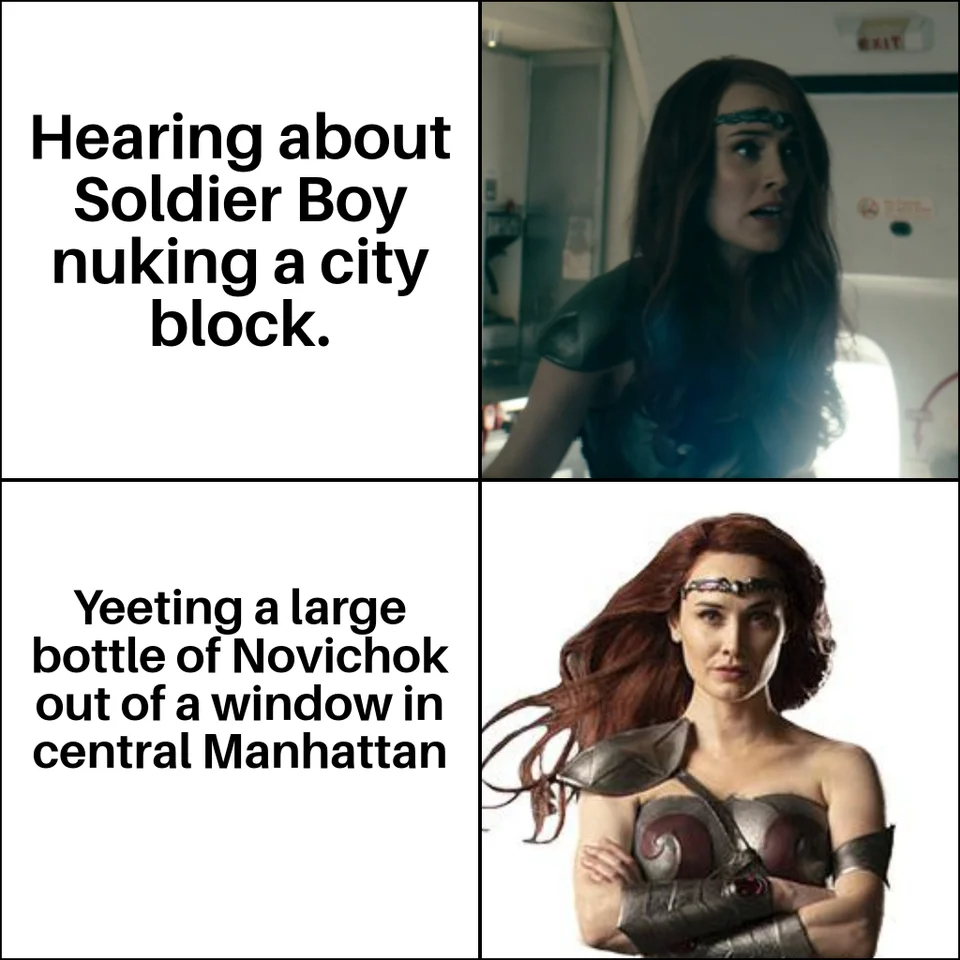 the boys season 3 memes - black hair - Hearing about Soldier Boy nuking a city block. Yeeting a large bottle of Novichok out of a window in central Manhattan