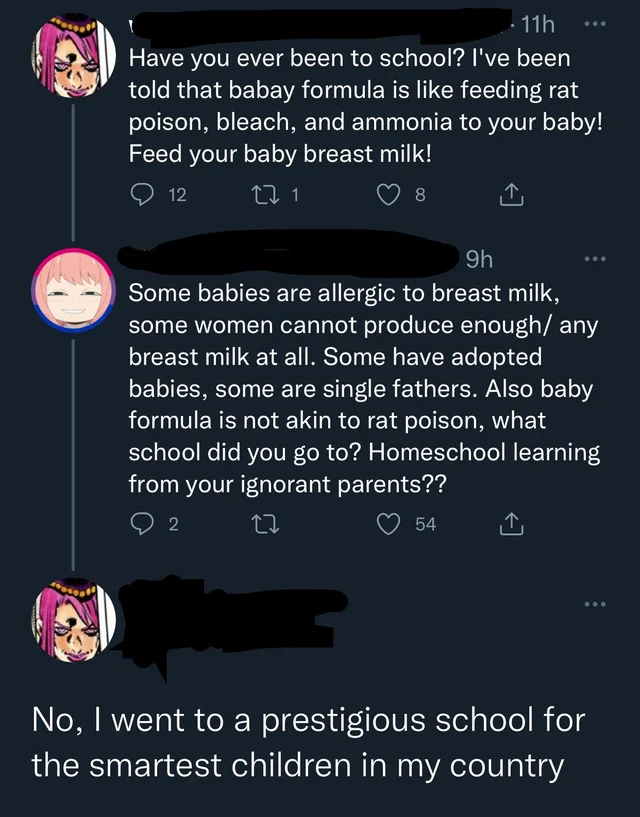 screenshot - 11h Have you ever been to school? I've been told that babay formula is feeding rat poison, bleach, and ammonia to your baby! Feed your baby breast milk! 12 27.1 8 9h Some babies are allergic to breast milk, some women cannot produce enough an