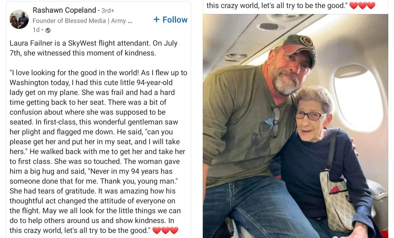 wholesome - cringe - photo caption - Rashawn Copeland. 3rd Founder of Blessed Media | Army ... 1d. Laura Failner is a SkyWest flight attendant. On July 7th, she witnessed this moment of kindness. "I love looking for the good in the world! As I flew up to 