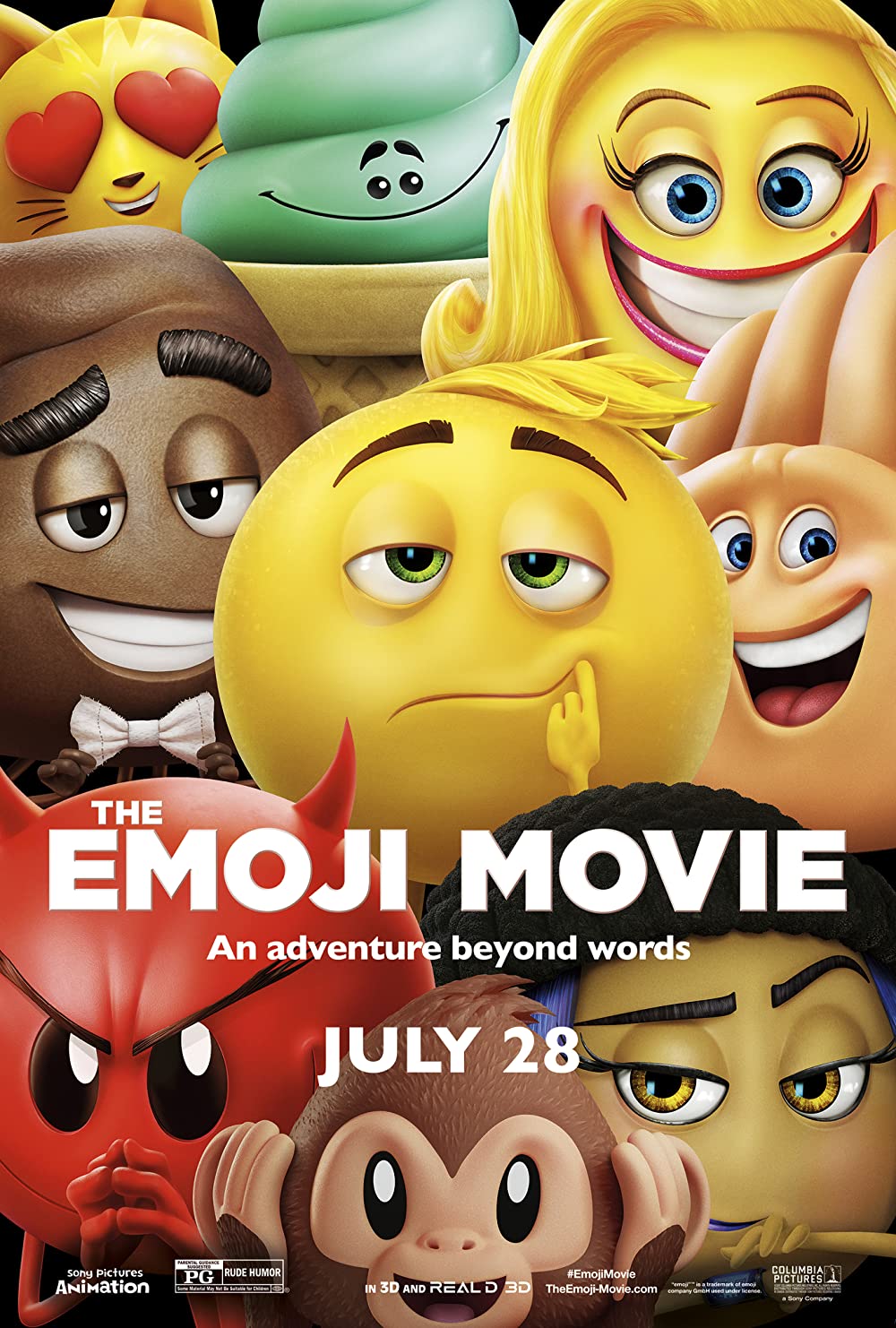 emoji movie poster - The Emoji Movie An adventure beyond words July 28 Mo Harta Warance Columbia Sony Pictures Animation Pg Rude Humor In 3D And Reald 3D The EmojiMovie.com cermany content turns a trademark of om San Matar Sutter Sony Company