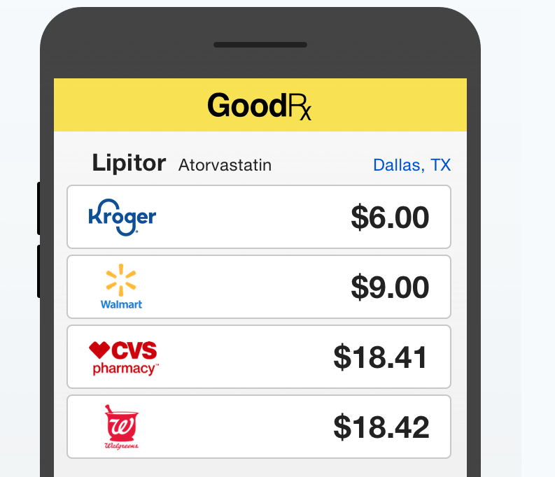 good rx app - Goods Dallas, Tx Lipitor Atorvastatin Kroger $6.00 $9.00 Walmart Cvs pharmacy $18.41 70 Walgreens $18.42