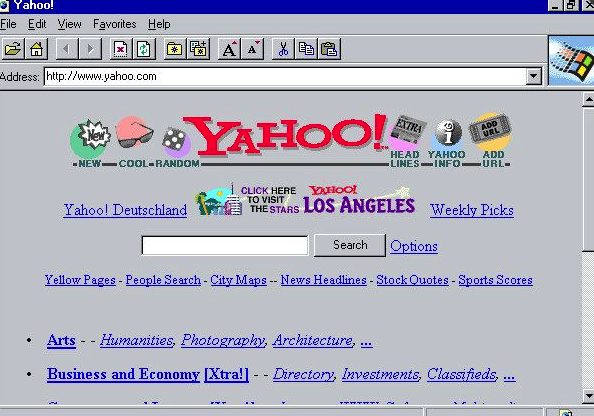 90s nostalgia --  original internet explorer - Yahoo! File Edit View Favorites Help Za Bo A A%B& Aa Address P .... Extra New Yahoo! Add Vrl NewcoolRandom Head Yahoo Add Lines InfoUrl Click Here Whool To Visit Yahoo! Deutschland The Stars Los Angeles Weekl