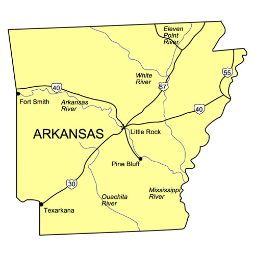 crazy laws  - arkansas map - Eleven Point River 55 White River 67 Fort Smith Arkansas River Arkansas Little Rock Pine Bluff 30 Ouachita River Mississippi River Texarkana