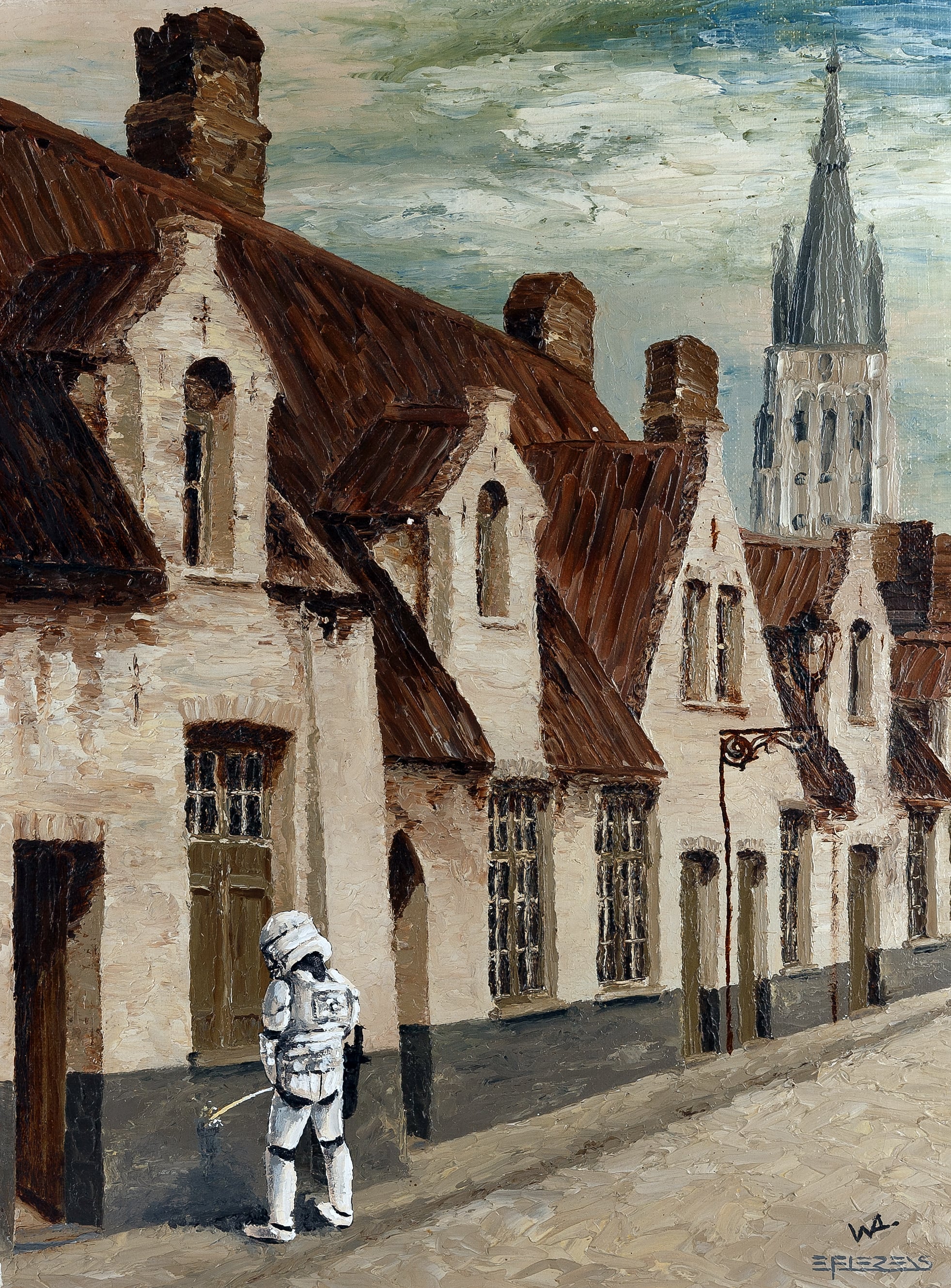 First up, we have a Stormtrooper from Star Wars caught in the act of relieving himself in a quaint little street in old Bruges, Belgium. Looks like the Dark Side forgot to install some restrooms on their Death Star! Who knew even Stormtroopers have to go?