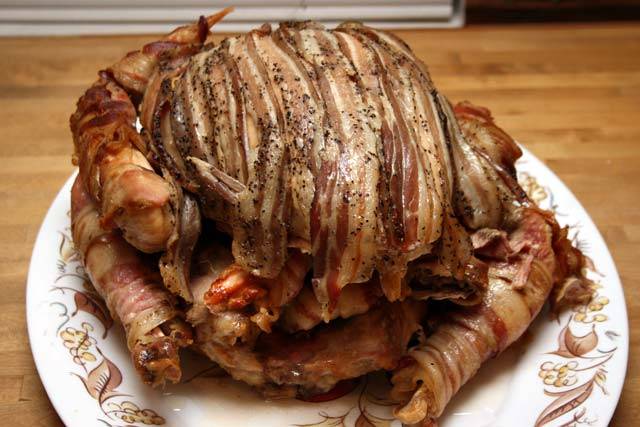 This recipe calls for Turkey mixed with duck, mixed with bacon and then mixed with a heart attack